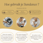 Infografiek van Wasgeurtje die toont hoe je Sundance wasparfum gebruikt: voeg een was-strip toe, doe enkele druppels parfum in het spoelbakje en geniet van de geur. Drie begeleidende foto’s illustreren de stappen.