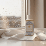 Wasgeurtje Flower Rain wasparfum bij een raam met regendruppels op het glas, op een zachte witte doek in warm licht.