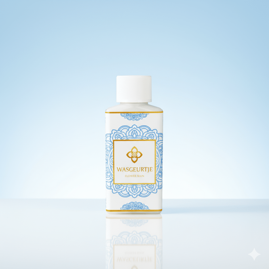 Wasgeurtje Flower Rain wasparfum op glanzend wit oppervlak met lichte blauwe achtergrond en zachte reflectie.