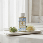 Wasgeurtje Blossom Drip wasparfum op marmeren blad bij raamlicht, naast witte roos en dennetakje, in een serene ochtendsetting.