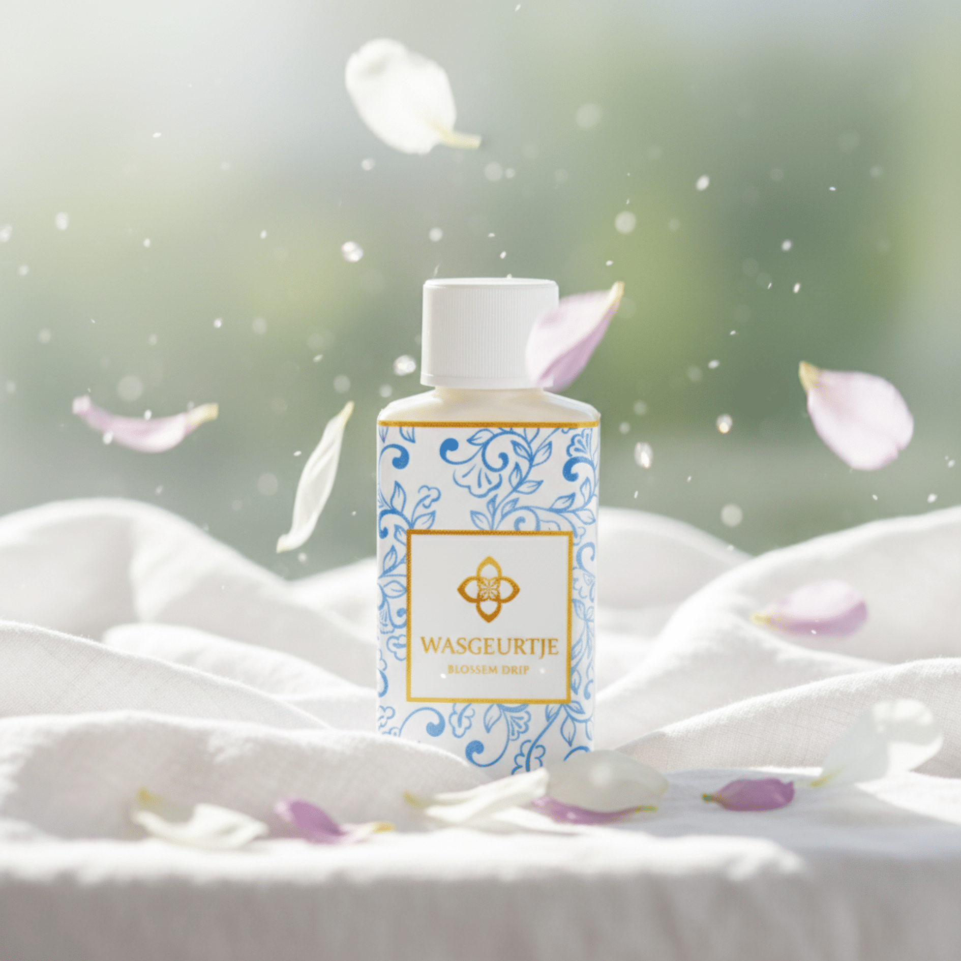 Wasgeurtje Blossom Drip wasparfum op witte stof, omringd door zwevende bloemblaadjes in zonlicht.