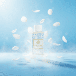 Flesje Wasgeurtje Blossom Drip wasparfum omringd door witte bloemblaadjes die zweven in frisse, lichte nevel.