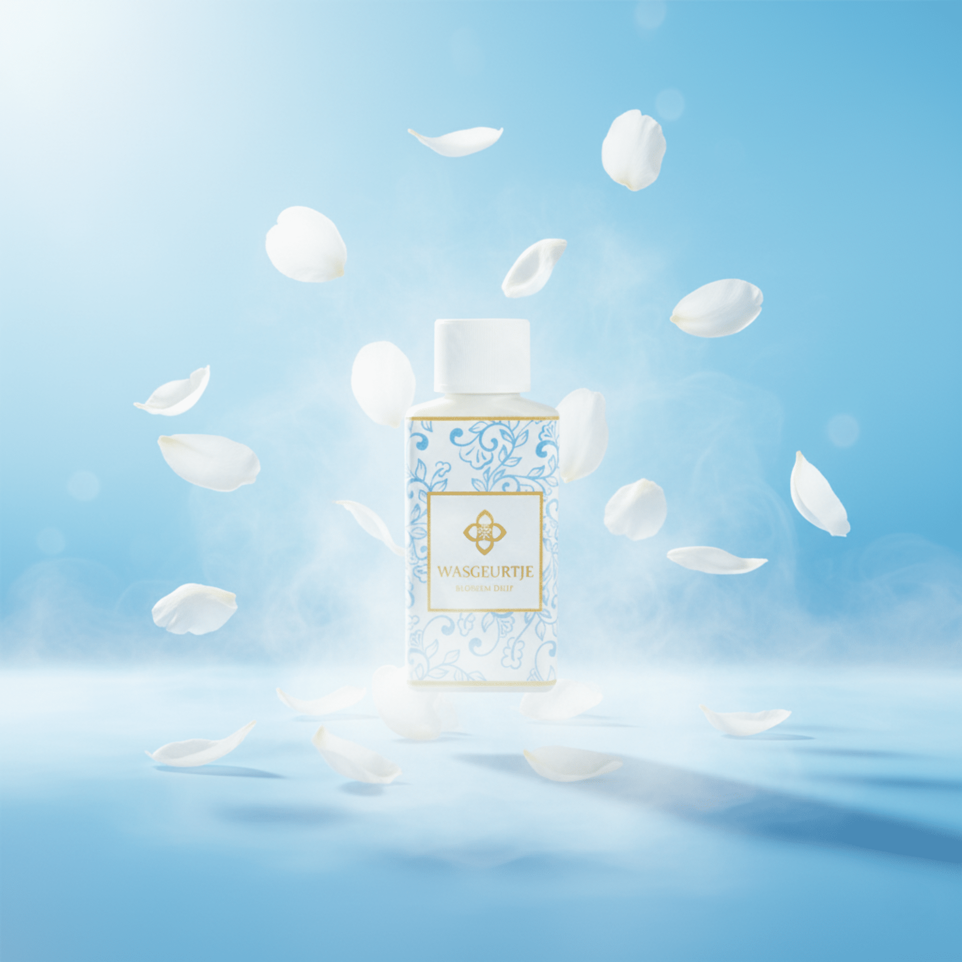 Flesje Wasgeurtje Blossom Drip wasparfum omringd door witte bloemblaadjes die zweven in frisse, lichte nevel.