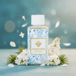 Wasgeurtje Blossom Drip wasparfum tussen witte bloemen en dennetakjes met zachte focus en vallende bloemblaadjes.