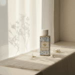 Wasgeurtje Blossom Drip wasparfum op linnen doek in warm ochtendlicht, met subtiele bloemschaduw op gordijn.