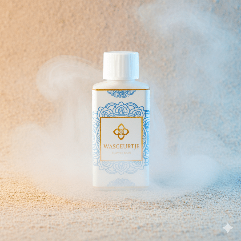 Flesje Wasgeurtje Flower Rain wasparfum op zacht zand met nevelige damp eromheen, in warme natuurlijke verlichting.