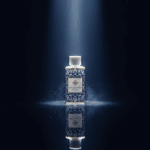 Wasgeurtje Full Moon wasparfum in spotlight tegen donkere achtergrond met glinsterende neveldeeltjes, reflecterend oppervlak.