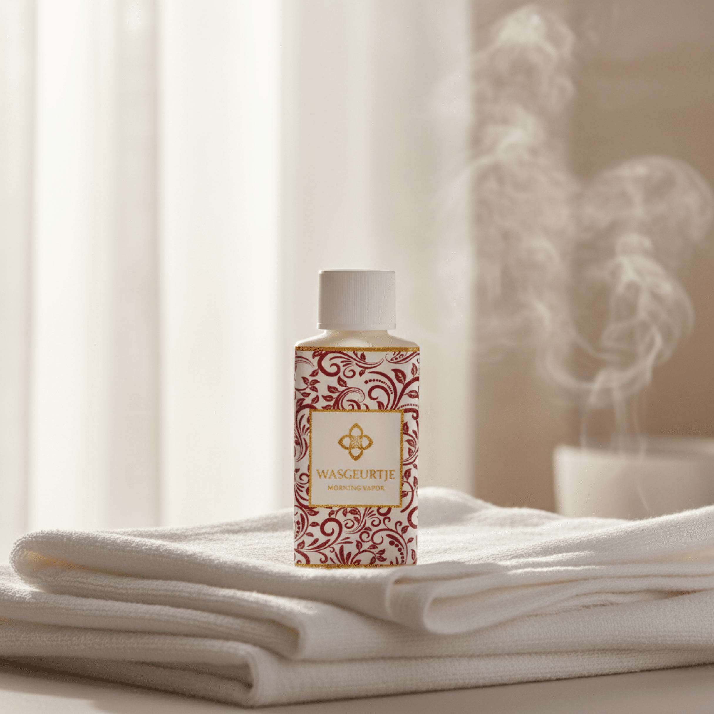 Luxe flesje Wasgeurtje Morning Vapor wasparfum op opgevouwen witte handdoeken met stoom op de achtergrond, in een serene badkameromgeving.