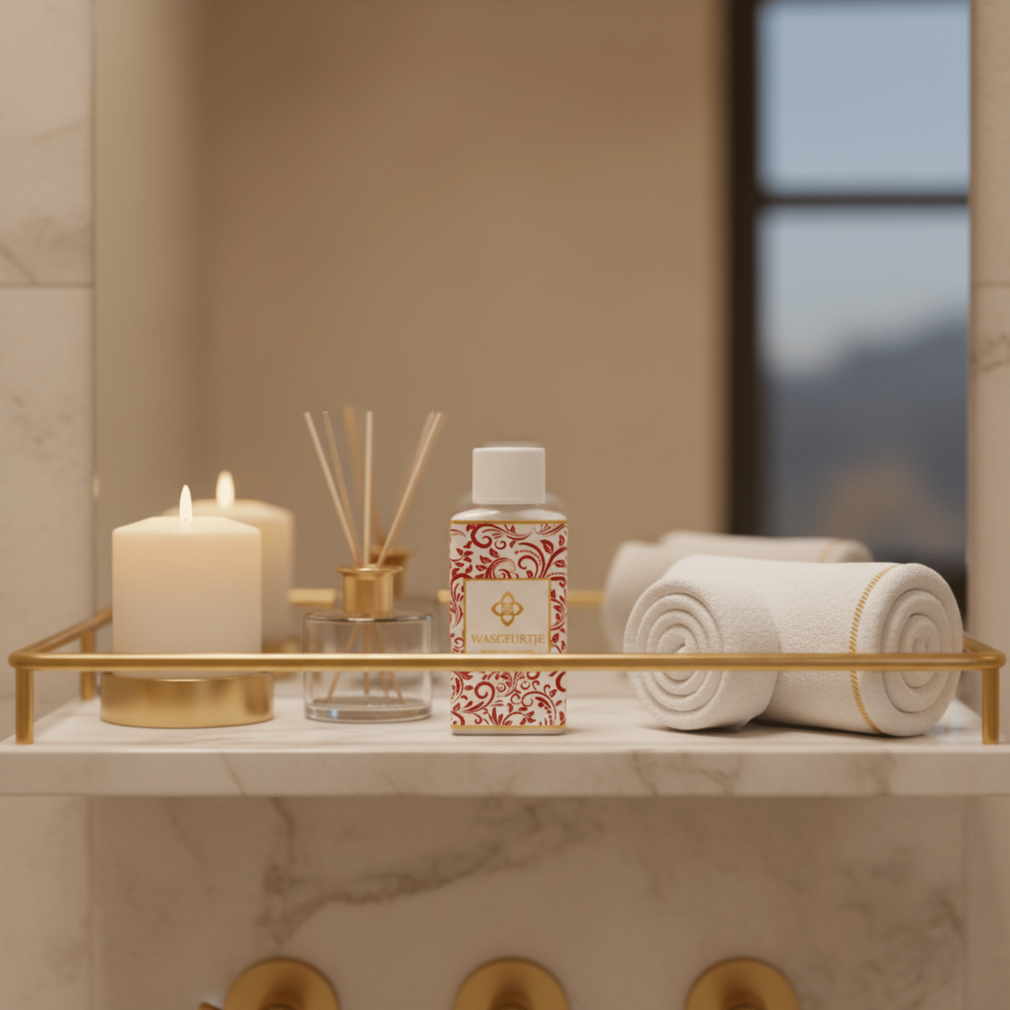 Wasparfumflesje Wasgeurtje Morning Vapor met rood-goud design op gouden badkamertray, naast een brandende kaars, geurstokjes en opgerolde witte handdoeken.