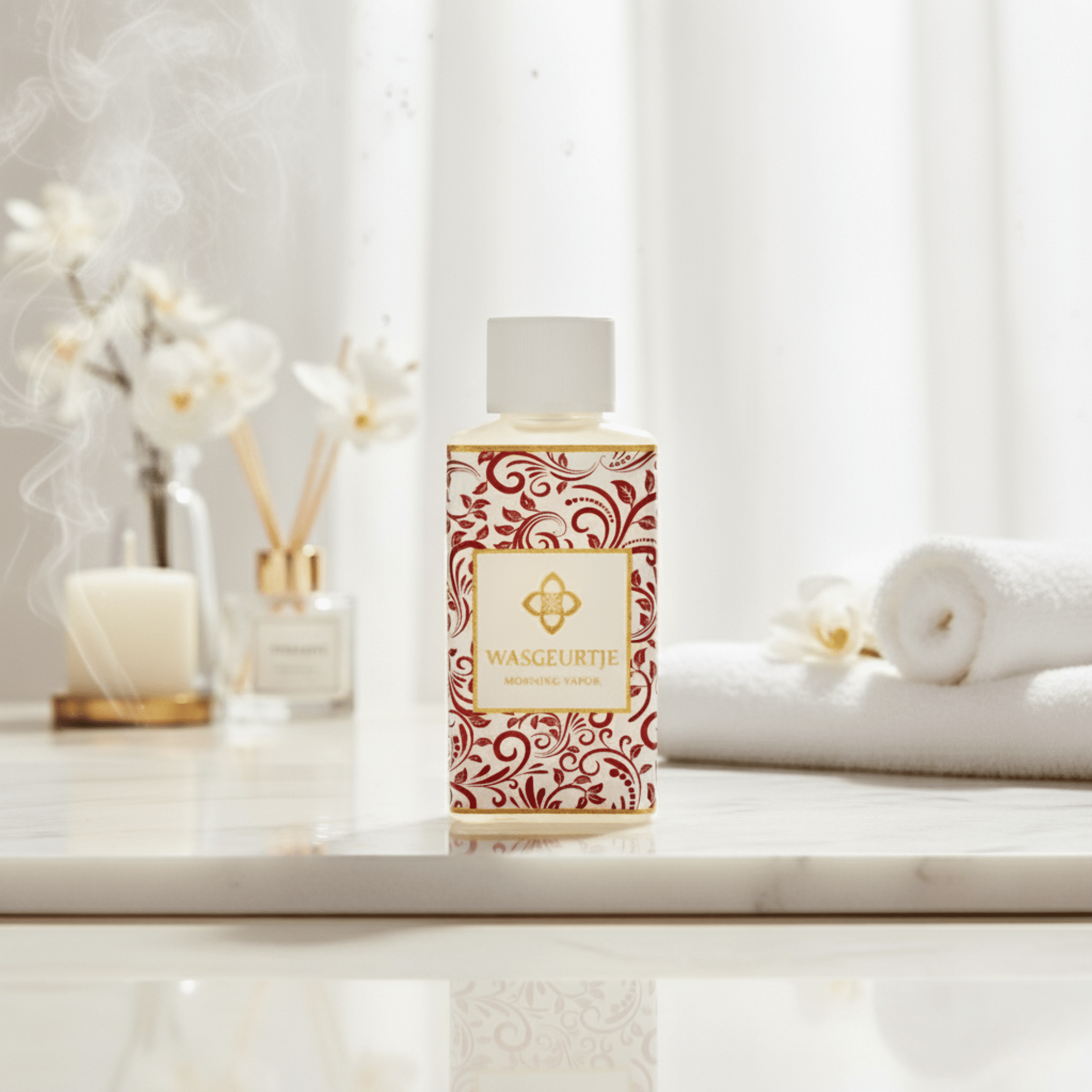 Flesje Wasgeurtje Morning Vapor wasparfum met rood-goud patroon op marmeren badkamertafel, omringd door witte orchideeën, geurkaars en zachte handdoek, in warm ochtendlicht.