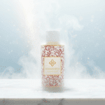 Flesje Wasgeurtje Morning Vapor wasparfum omringd door zachte nevel en lichtstralen, op marmeren oppervlak met frisse, dromerige uitstraling.