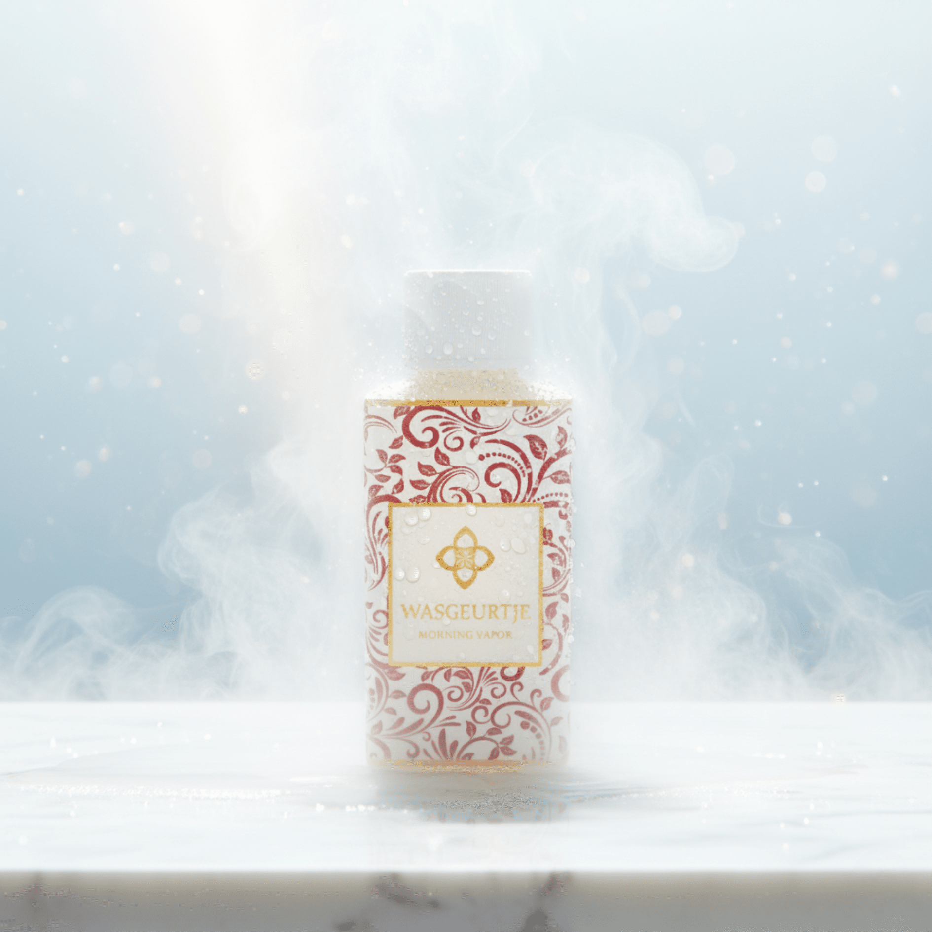 Flesje Wasgeurtje Morning Vapor wasparfum omringd door zachte nevel en lichtstralen, op marmeren oppervlak met frisse, dromerige uitstraling.