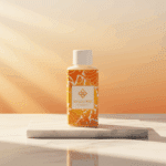 Flesje Wasgeurtje Sundance wasparfum op marmeren plateau met zachte zonnestralen op een warme oranje achtergrond.