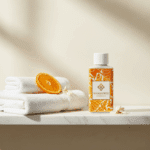 Wasparfumflesje Wasgeurtje Sundance op witte handdoeken met een doorgesneden sinaasappel en bloesems als frisse accenten.