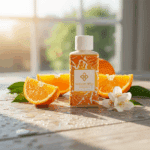 Wasgeurtje Sundance wasparfum tussen natte sinaasappelschijfjes en bloesems op houten oppervlak, badend in ochtendzon.