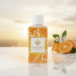 Flesje Wasgeurtje Sundance wasparfum op marmeren blad bij zonsondergang, naast verse sinaasappels en witte bloesems.