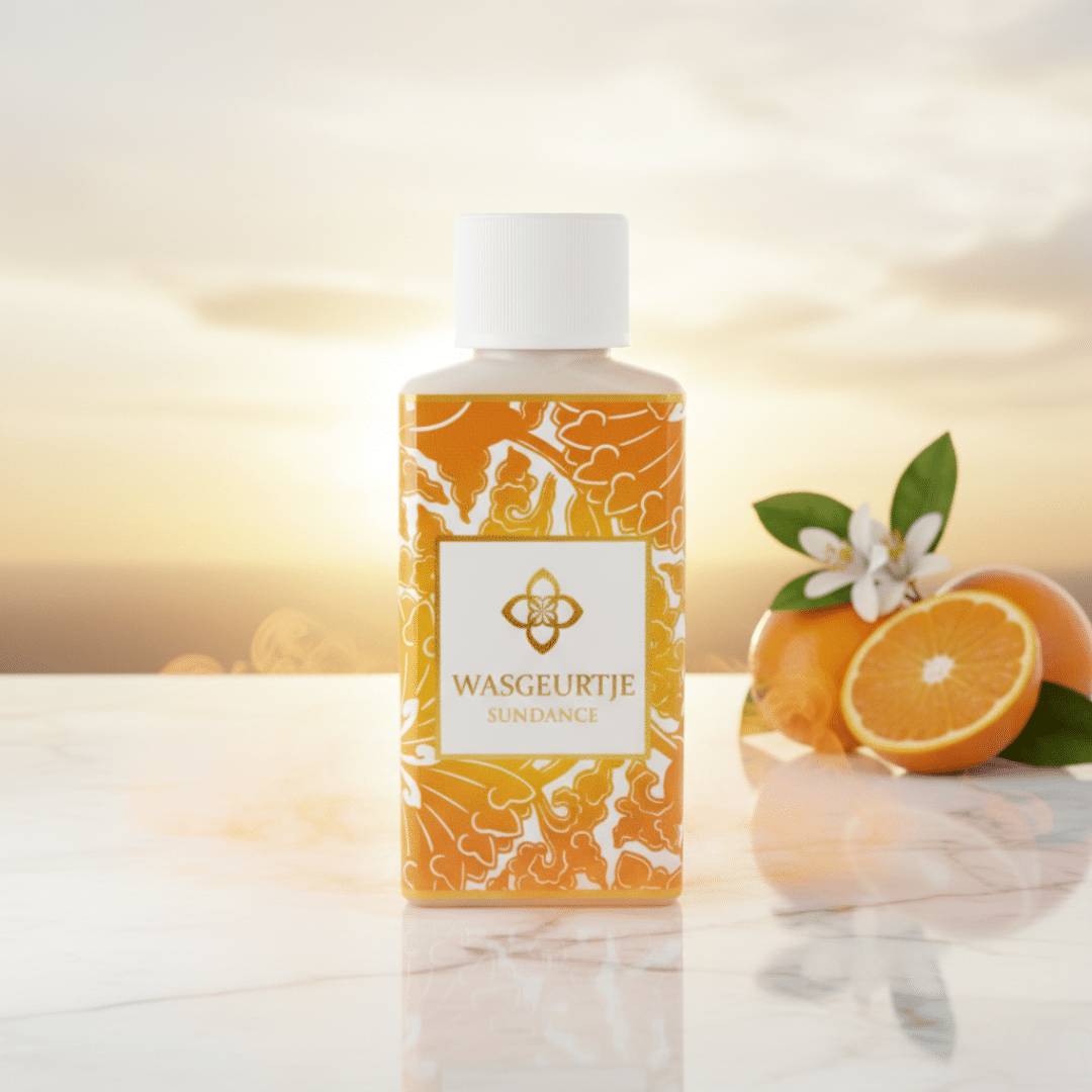 Flesje Wasgeurtje Sundance wasparfum op marmeren blad bij zonsondergang, naast verse sinaasappels en witte bloesems.