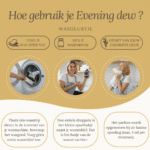 Wasgeurtje-afbeelding met uitleg over het gebruik van Evening Dew wasparfum. Met visuele stappen en heldere instructies voor een langdurige geurervaring.