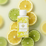 Flesje Wasgeurtje Evening Dew wasparfum op een achtergrond van verse citroen- en limoenschijfjes met dauwdruppels — een levendige presentatie die de frisse citrusnoten van deze wasparfum benadrukt.