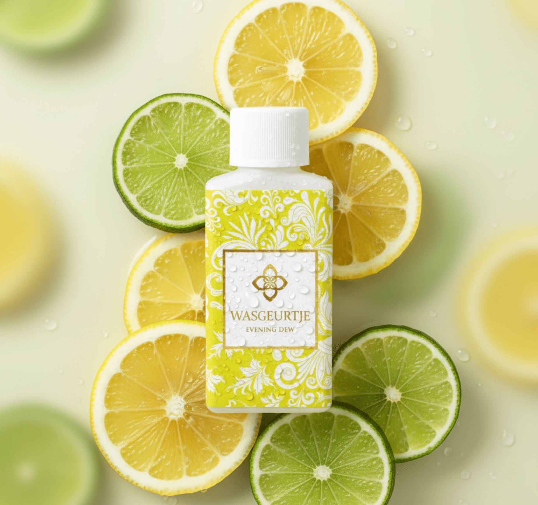 Flesje Wasgeurtje Evening Dew wasparfum op een achtergrond van verse citroen- en limoenschijfjes met dauwdruppels — een levendige presentatie die de frisse citrusnoten van deze wasparfum benadrukt.
