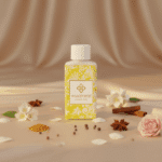 Wasgeurtje Evening Dew wasparfum omringd door kaneelstokjes, anijs, peperkorrels en bloemen op een satijnen ondergrond — een elegante weergave van de warme, kruidige geurtonen van deze wasparfum.