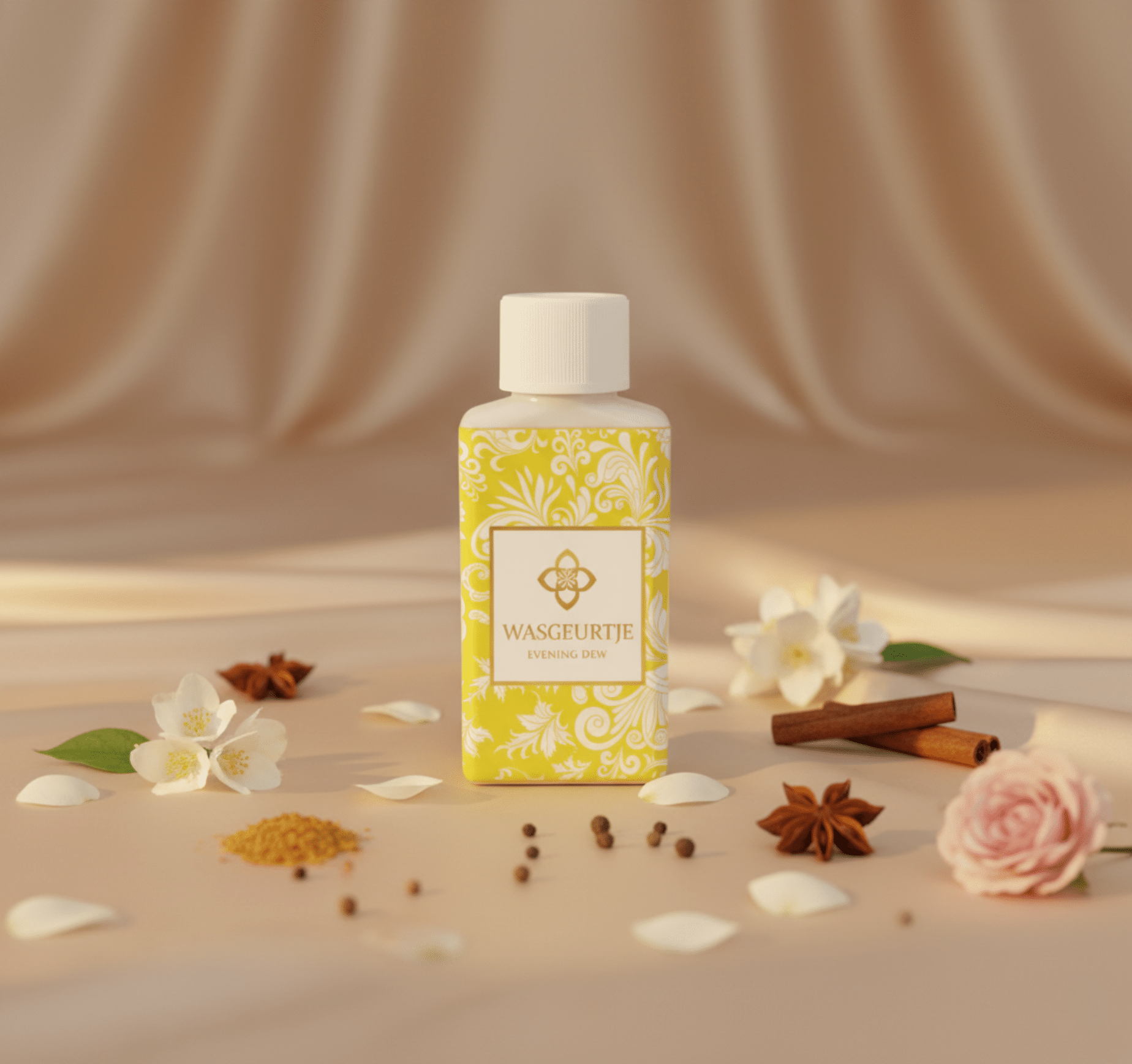 Wasgeurtje Evening Dew wasparfum omringd door kaneelstokjes, anijs, peperkorrels en bloemen op een satijnen ondergrond — een elegante weergave van de warme, kruidige geurtonen van deze wasparfum.