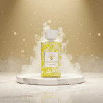 Wasgeurtje Evening Dew wasparfum op marmeren plateau met zwevende glitters en stoomwolken — een betoverend beeld dat de frisse, energieke essentie van de wasparfum weergeeft.