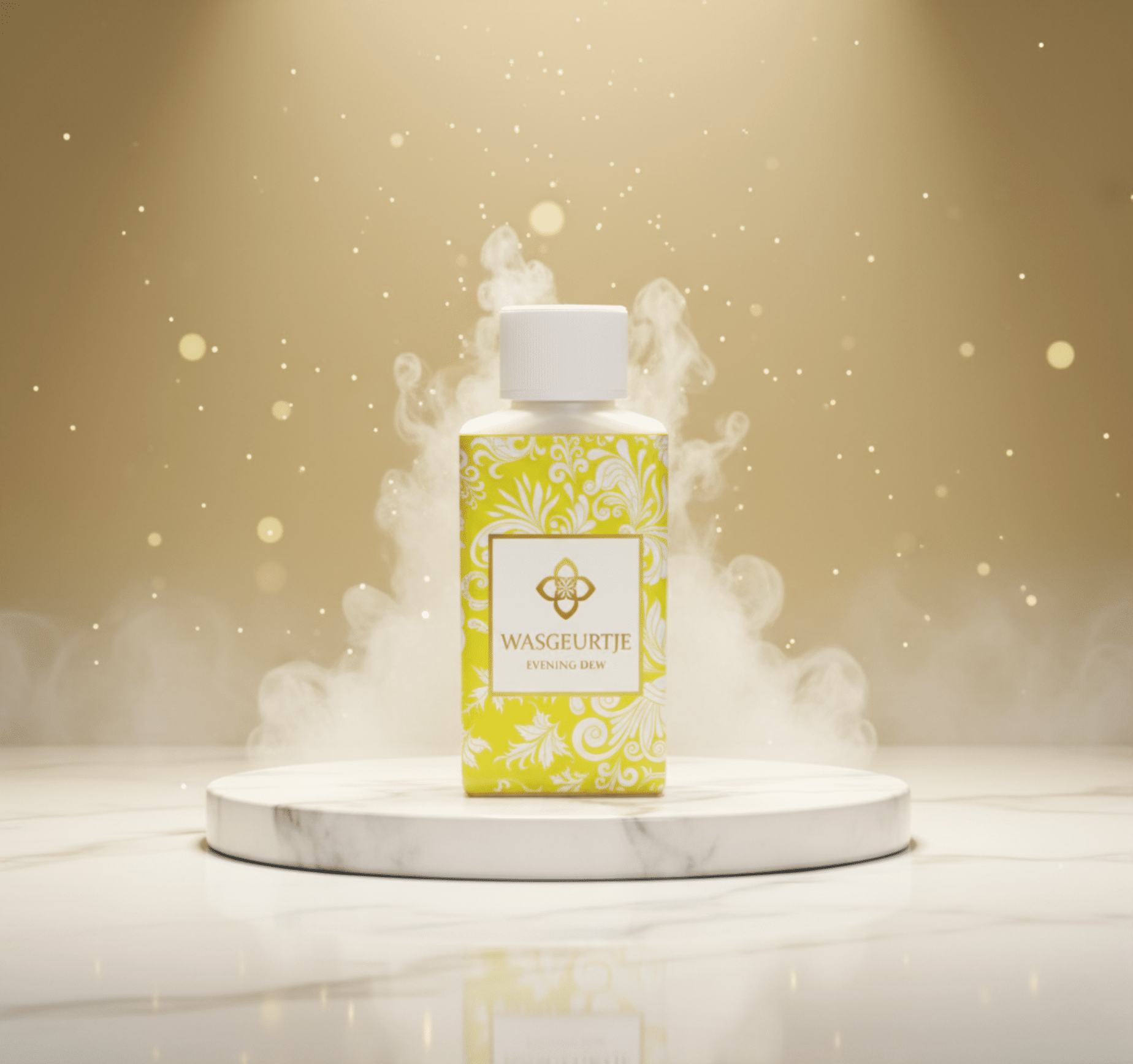 Wasgeurtje Evening Dew wasparfum op marmeren plateau met zwevende glitters en stoomwolken — een betoverend beeld dat de frisse, energieke essentie van de wasparfum weergeeft.