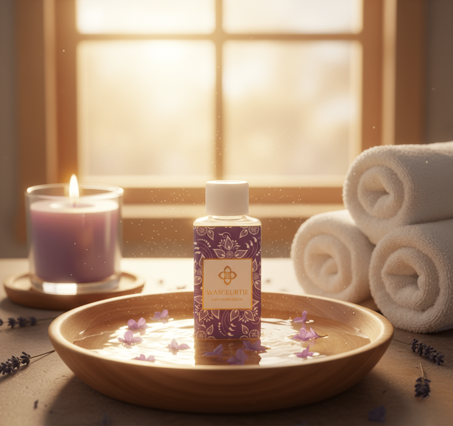 Flesje Wasgeurtje Lavender Odor wasparfum in een houten schaal met lavendelbloemetjes, omringd door handdoeken en een brandende lavendelkaars — een rustgevend spa-moment bij zacht avondlicht.