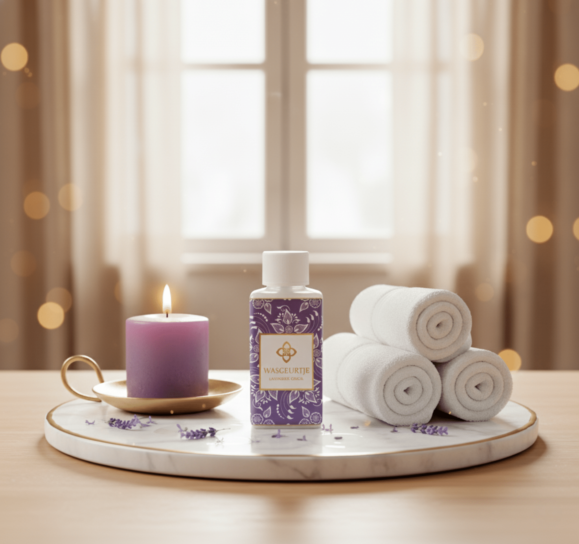 Wasgeurtje Lavender Odor wasparfum op een marmeren plateau naast een paarse kaars en opgerolde handdoeken — een stijlvolle, warme setting die de kalmerende geur van lavendelwasparfum benadrukt.