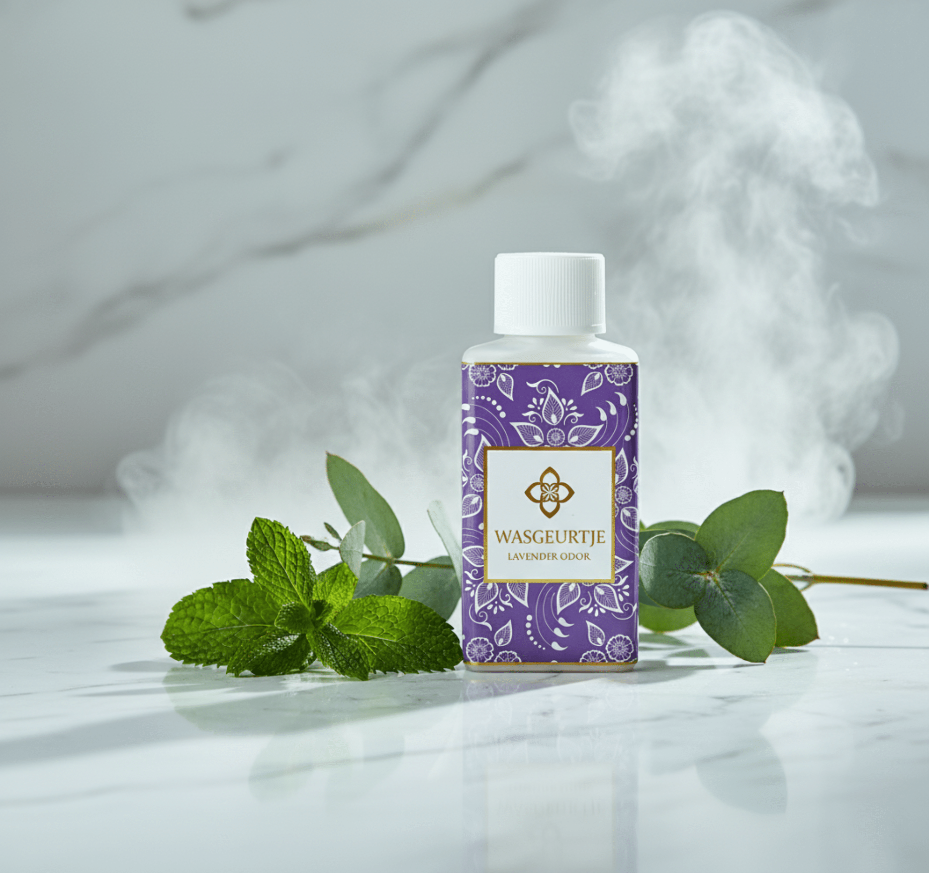 Flesje Wasgeurtje Lavender Odor wasparfum op marmeren oppervlak tussen munt- en eucalyptusbladeren met stoom op de achtergrond — symboliseert natuurlijke frisheid en pure ontspanning.