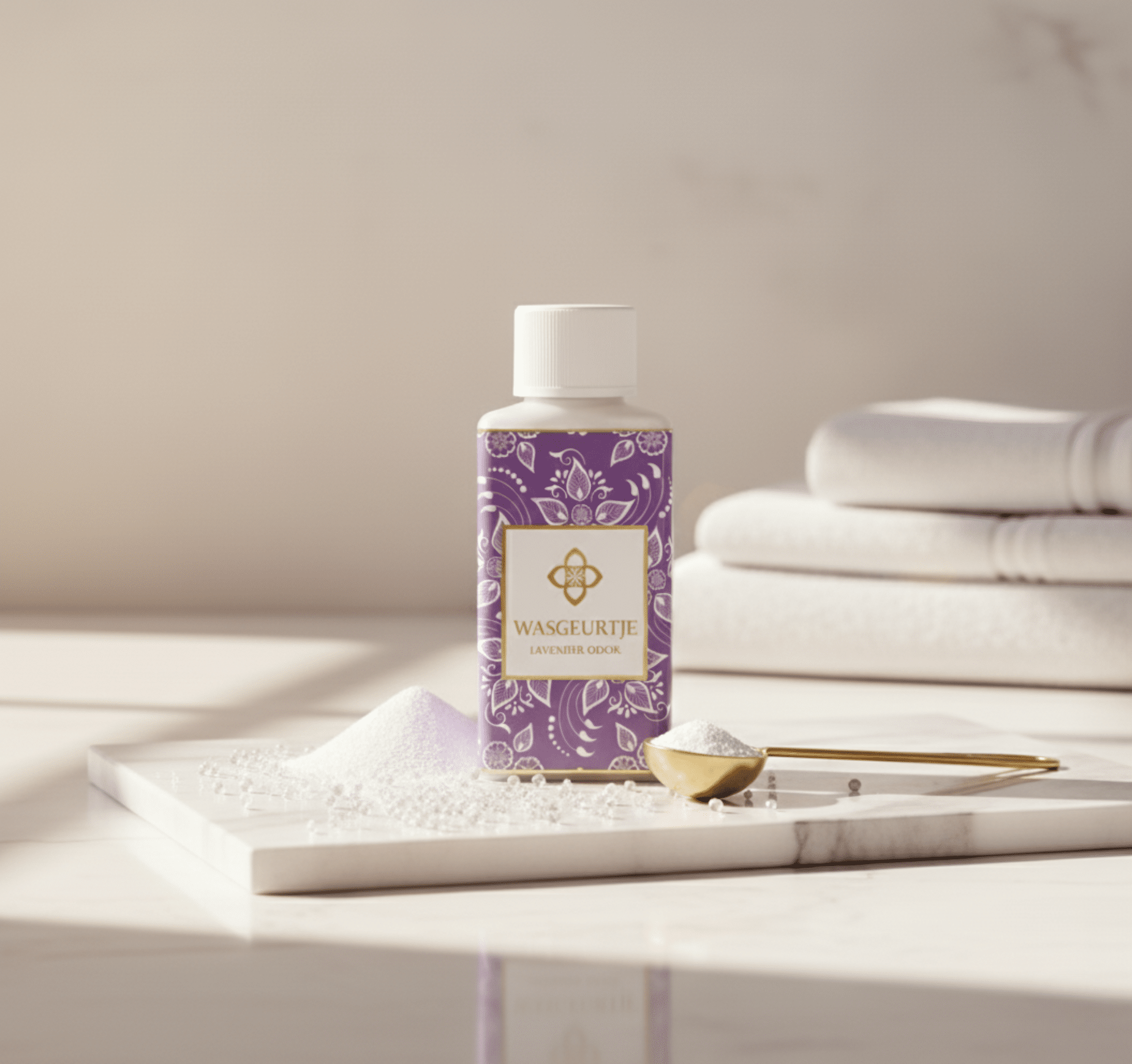 Wasgeurtje Lavender Odor wasparfum op marmeren tegel naast waspoeder en witte handdoeken — een luxueus beeld dat de combinatie van frisheid, zachtheid en lavendelgeur in de was illustreert.
