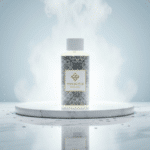 Luxe flesje Wasgeurtje White Musk wasparfum op een marmeren plateau met subtiele nevel en glinsterende waterdruppels — een elegante en frisse productpresentatie die de pure geurbeleving van deze premium wasparfum benadrukt.