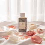 Flesje Wasgeurtje White Musk wasparfum tussen zijdeachtige witte en roze bloemblaadjes op een satijnen doek — een dromerige compositie die de zachte, elegante geurbeleving van de wasparfum tot leven brengt.