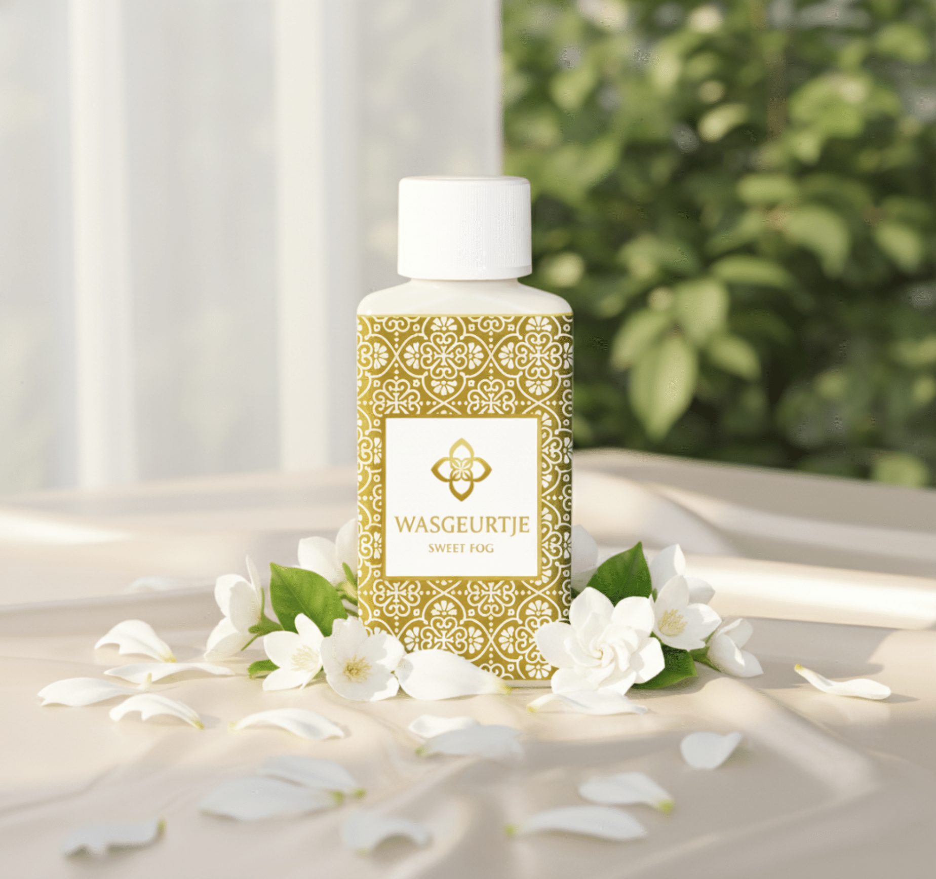 Wasgeurtje Sweet Fog wasparfum gefotografeerd bij zacht daglicht, omringd door witte jasmijnbloemen op een beige tafel — een frisse en natuurlijke weergave van deze verfijnde wasparfum.
