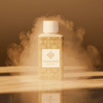 Luxe flesje Wasgeurtje Sweet Fog wasparfum op een marmeren oppervlak omhuld door warme gouden nevel — een elegante en mysterieuze compositie die de zoete geurbeleving van deze wasparfum versterkt.