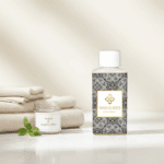 Wasgeurtje White Musk wasparfum op een licht marmeren oppervlak naast zachte handdoeken en een ‘vegan & cruelty-free’ kaars — een natuurlijke, duurzame en rustgevende uitstraling die luxe wassen symboliseert.