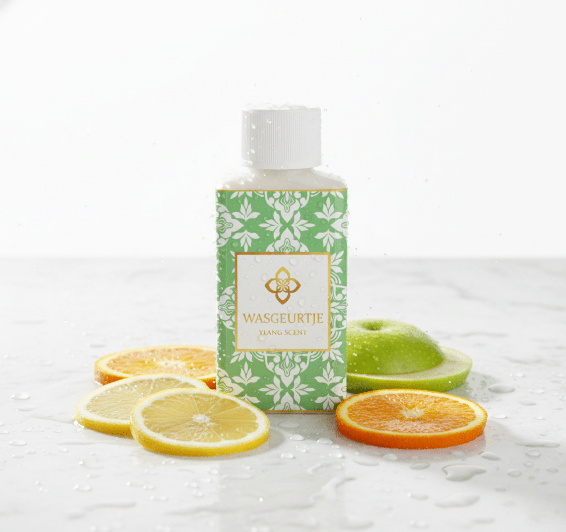 Flesje Wasgeurtje Ylang Scent wasparfum op marmeren oppervlak met sappige schijfjes citroen, sinaasappel en groene appel — een frisse en levendige presentatie die de fruitige topnoten van deze luxe wasparfum benadrukt.