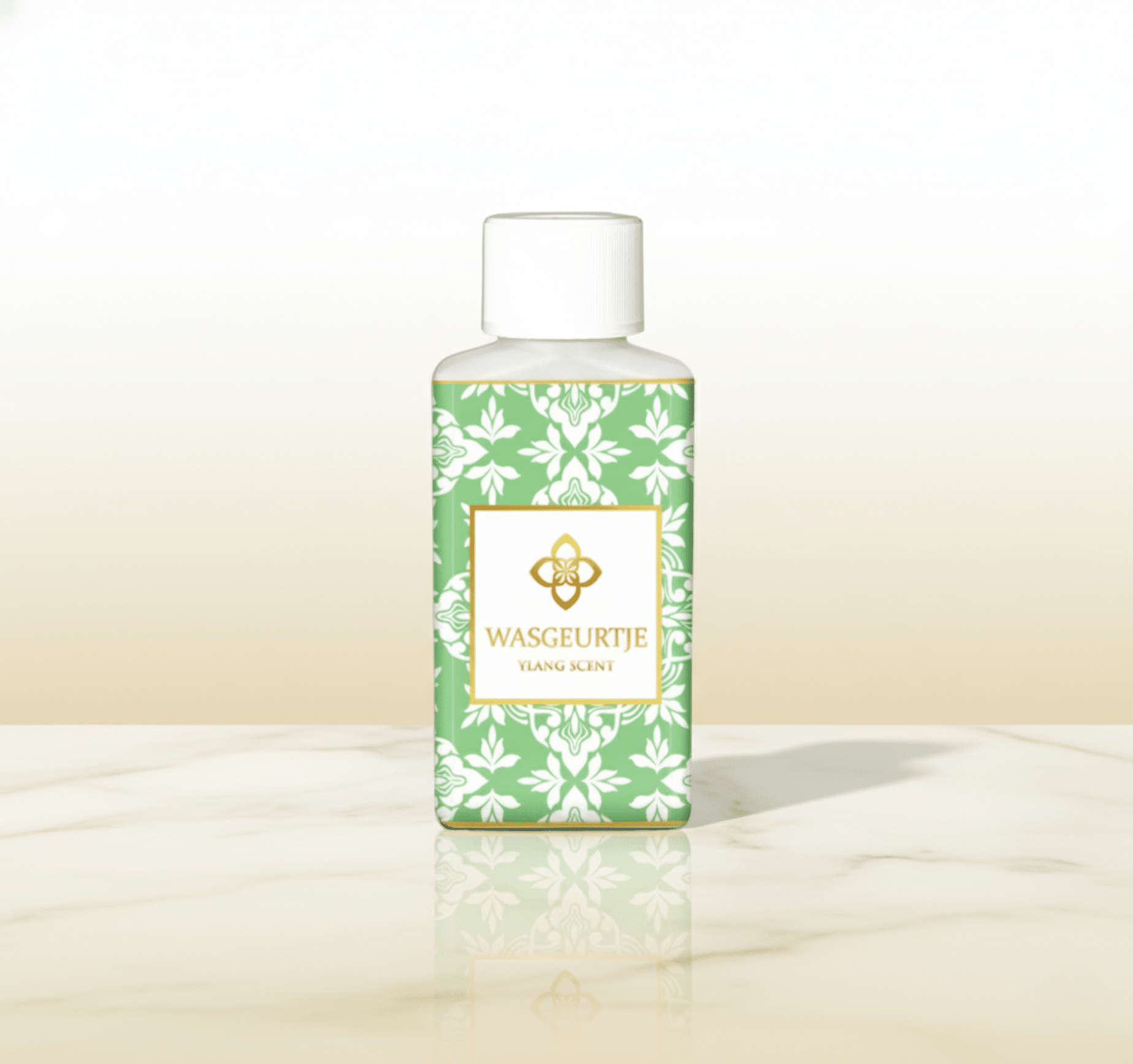Wasgeurtje Ylang Scent wasparfum op een marmeren oppervlak met een rustige beige achtergrond — een stijlvolle productopname die de eenvoud en elegantie van deze premium wasparfum weerspiegelt.