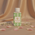 Flesje Wasgeurtje Ylang Scent wasparfum op een champagnekleurige satijnen achtergrond, omringd door lelietje-van-dalen en roze bloemblaadjes — symbool voor verfijnde frisheid en zachte luxe in de was.