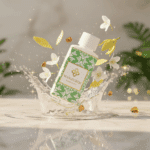 Wasgeurtje Ylang Scent wasparfum gefotografeerd in een dynamische watersplash met zwevende bloemblaadjes en glinsterend licht — een levendig beeld dat de sprankelende frisheid en vitaliteit van deze wasparfum vangt.