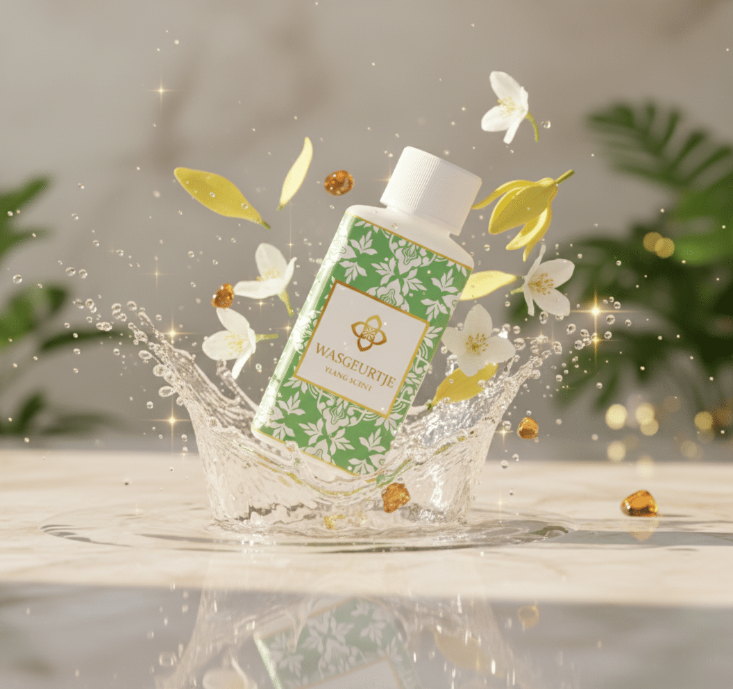Wasgeurtje Ylang Scent wasparfum gefotografeerd in een dynamische watersplash met zwevende bloemblaadjes en glinsterend licht — een levendig beeld dat de sprankelende frisheid en vitaliteit van deze wasparfum vangt.