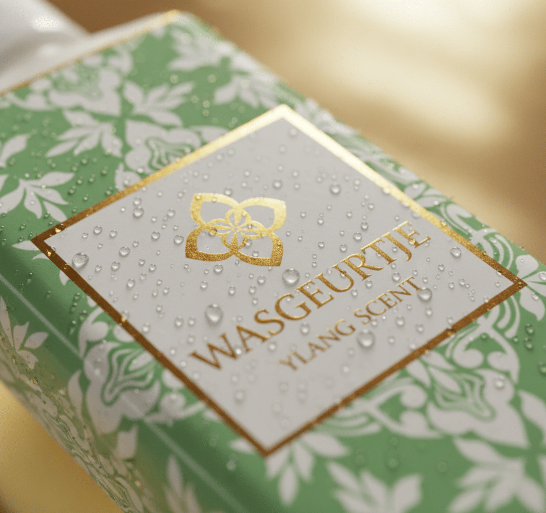 Nauwkeurige close-up van het gouden logo en het label van Wasgeurtje Ylang Scent wasparfum, bedekt met fijne waterdruppels — toont de hoogwaardige afwerking en frisse uitstraling van het product.