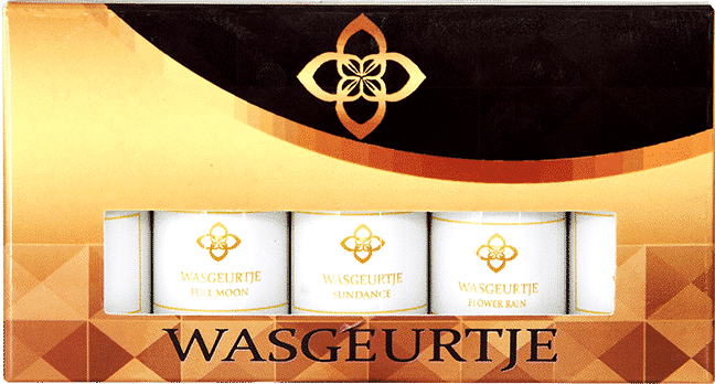 Vijf wasparfumflesjes van Wasgeurtje, Full Moon, Sundance en Flower Rain, Blossom drip, Morning Vapor netjes gepresenteerd in een stijlvol proefpakket