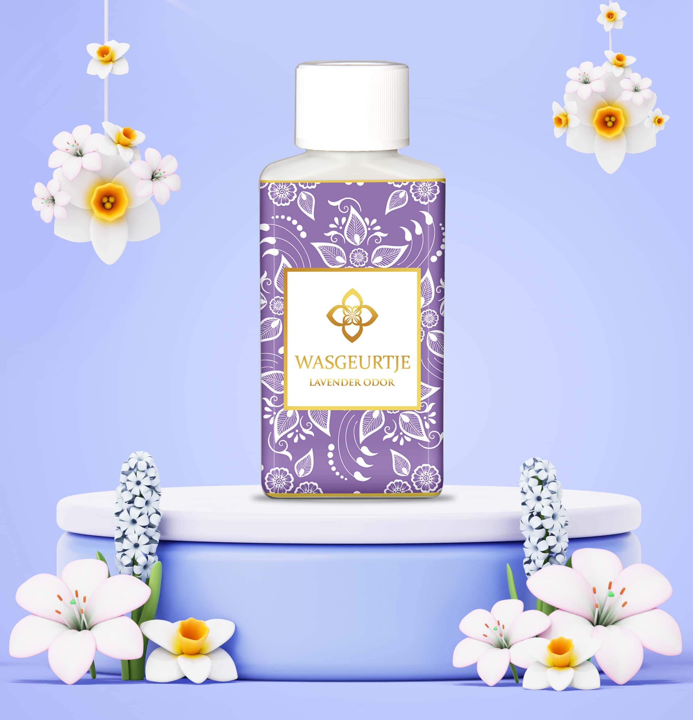 Wasgeurtje Lavender Odor wasmiddel met een paars en wit patroon en zwevende bloemendecoraties op een blauwe achtergrond.