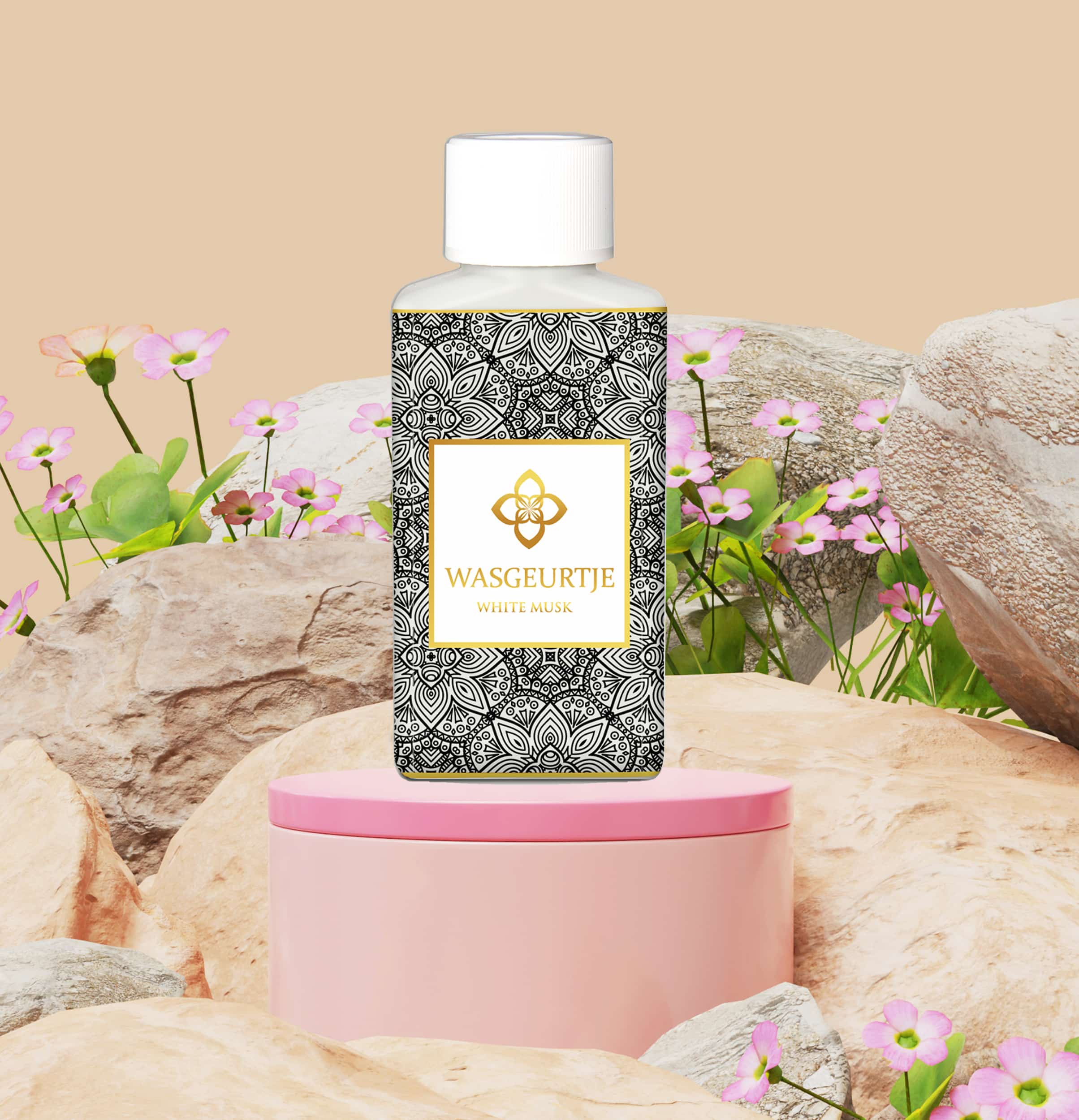 Wasgeurtje White Musk wasmiddel op een roze podium met zwarte en witte patronen, omgeven door roze bloemen en rotsen.