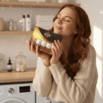 Vrouw geniet met gesloten ogen terwijl ze het luxe Wasgeurtje proefpakket vasthoudt. De goud-zwarte verpakking met vijf mini wasparfums straalt elegantie en warmte uit, gefotografeerd in een stijlvolle wasruimte met zacht licht en een serene sfeer.