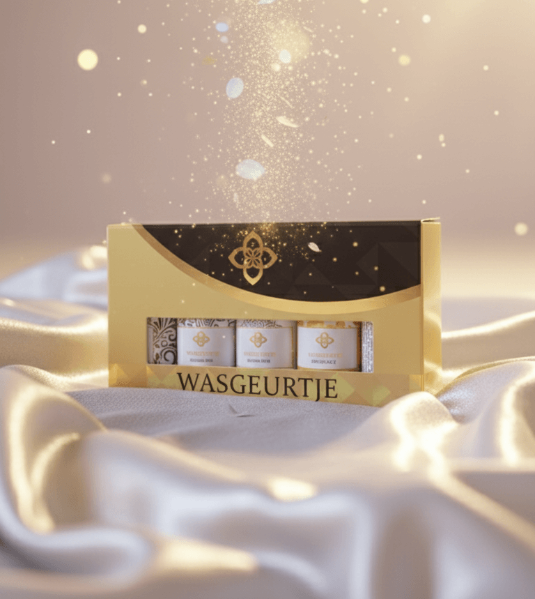Luxe proefpakket van Wasgeurtje met vijf elegante flesjes wasparfum in een gouden verpakking. De set ligt op glanzende satijnen stof met fonkelende gouden lichtdeeltjes, en straalt een warme, premium uitstraling uit. Ideaal om alle vijf Wasgeurtje-geuren te ontdekken.